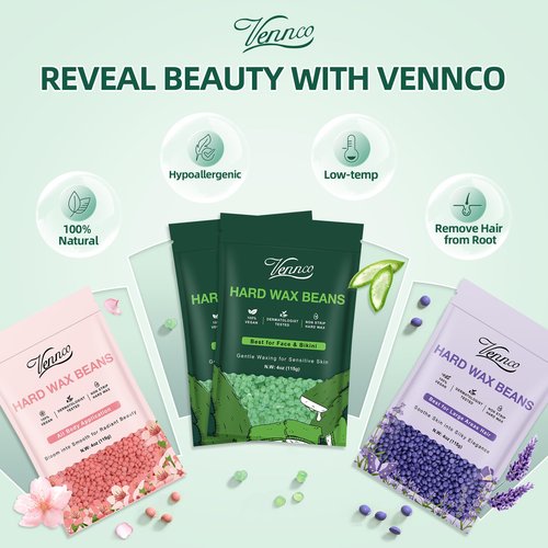 Vennco Hard Wax Beads Kit for Hair Removal, 36 Pieces Wax Beads for Full Body, Face, and Brazilian Bikini, Aloe, Lavender, Cherry Blossom - Includes Pre and Post Wax Oils