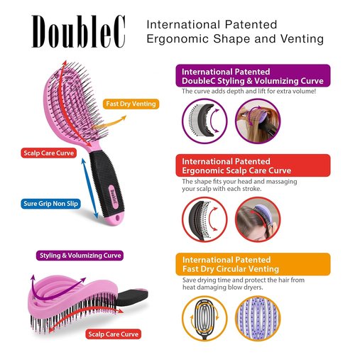 NuWay DoubleC Detangling Hair Brush - Patented Double Curve Design for Gentle Detangling & Volume Styling | Rose Pink