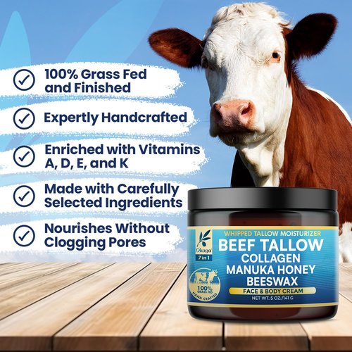 Organic Beef Tallow for Skin, Organic Grass-Fed Beef Tallow Balm with Manuka Honey, Aloe Vera, Jojoba Oil, Collagen & Beeswax, Olive Oil, Moisturizer for Dry Skin, Nourishes Face, Body & Lips (5oz)