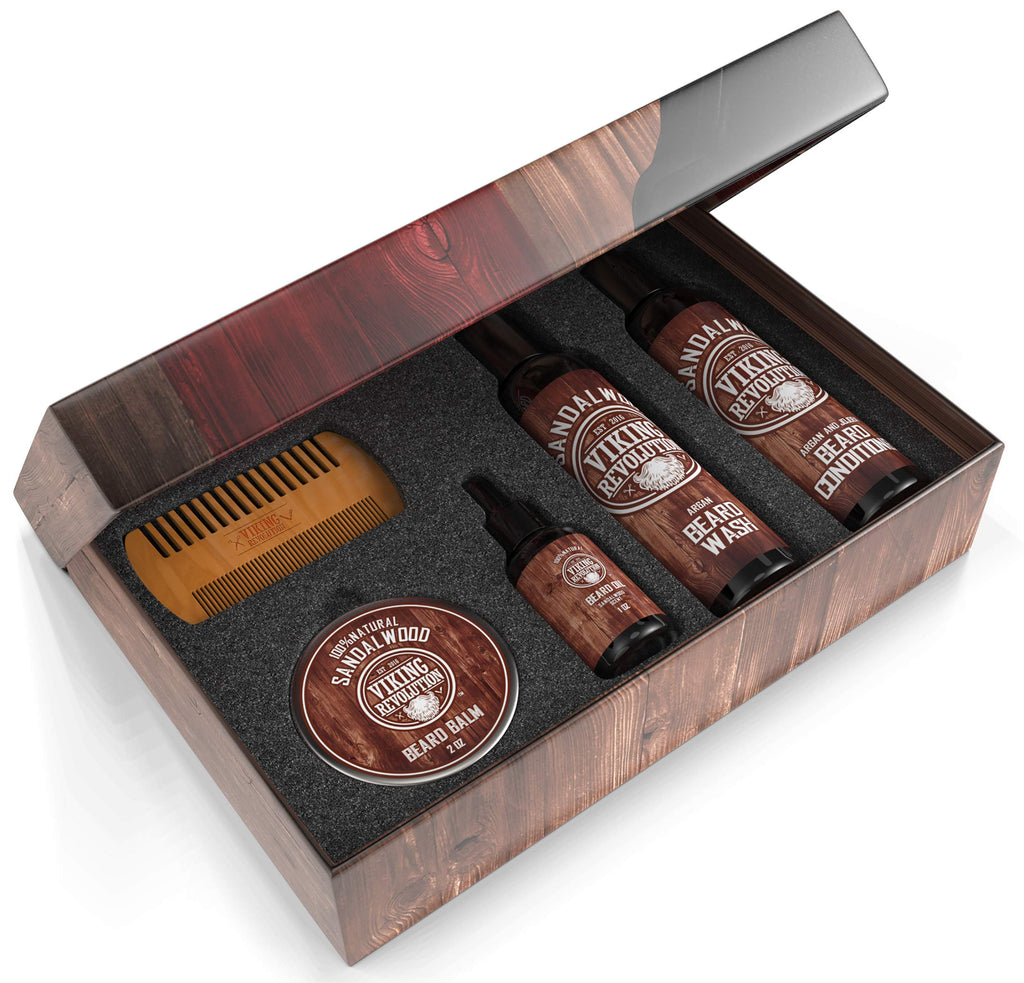 Viking Revolution Ultimate Conditioner for Men's Beard Grooming - Softens, Smoothes and Soothes Beard Itch- Contains Wash, Conditioner, Oil, Balm and Comb- Sandalwood Scent