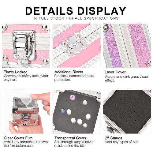 Rolabling Professional 25 Holes Nail Drill Bits Box Container Nail Drill Grinding Bit Holder Nail Polish Head Storage Box Nail Tools Organizers Container Display Storage Box Manicure Tool (Pink)