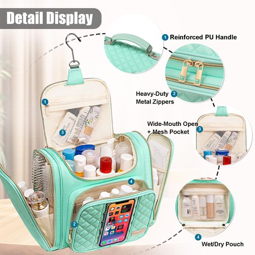Romenrita Travel Toiletry Bag for Women, Hanging Toiletry Bag, Bathroom Bag Portable Shower Caddy for College Dorm Travel Shower Bag for Women Water-Resistant Cosmetic Makeup Bag (Green)