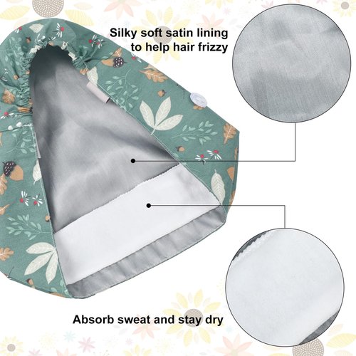 Floraltop 6 Pcs Satin Lined Scrub Caps Women Nurse Surgical Hat with Buttons Ponytail Working Adjustable Shower Caps Tie Back(Fresh Style)