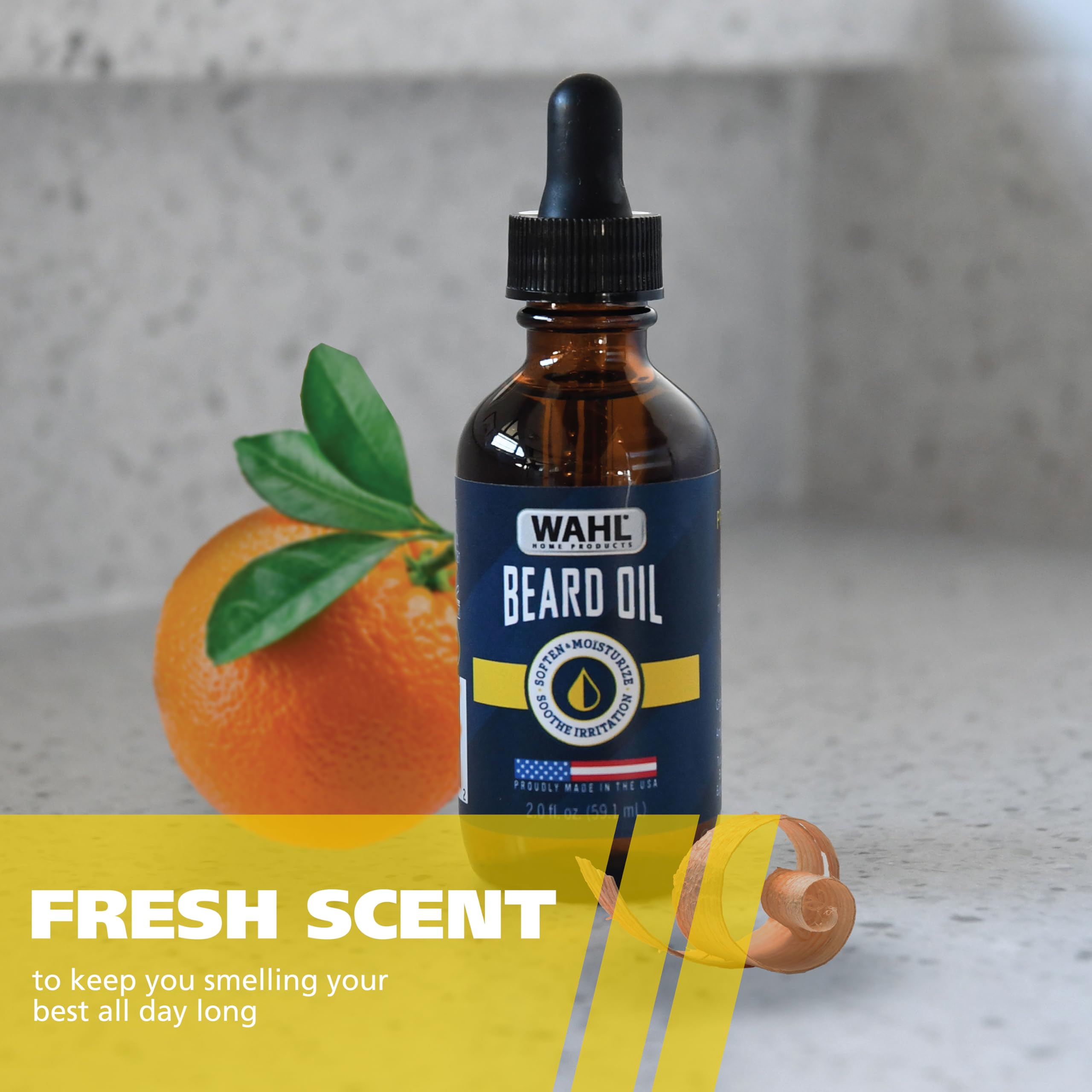 Wahl® Beard Oil for Men – Softens & Moisturizes Beard Hair, Soothes Skin Irritation - Contains Sweet Almond, Oat Kernel & Cinnamon Oils - Fresh Citrus Scent, 2.0 Fl Oz – Model 3028692