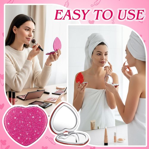 Geelin 6 Pcs Valentine's Day Heart Compact Folding Mirror Galentine Double Sided Mini Vanity Mirror Portable Travel Makeup for Purse Cute Glitter Cosmetic Looking Glass for Women Mom (Rose Red,Red)