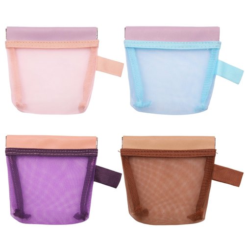 Mini Zipper-Free Pouches, Small Quick-Open Mesh Bags for Makeup Lipsticks Cards, Clear Purse Organizer Daily Essentials Storage Bags, Small Auto-Close Pouches (Pink&Light Blue&Dark Purple&Coffe Brown)