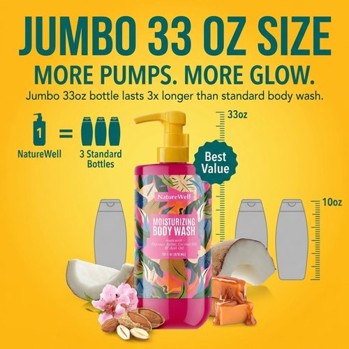 NATURE WELL Cheeky Moisturizing Body Wash, Creamy Formula Infused with Cupuaçu Butter, Provides Gentle Cleansing & Intense Hydration, Deliciously Sweet & Warm Brazilian Nut Oil Scent, 33 oz
