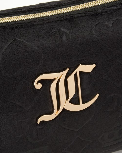 Juicy Couture Black Makeup Bag Cosmetics Organizer Travel Essentials Zip Top Wedge Velour Heart Crown