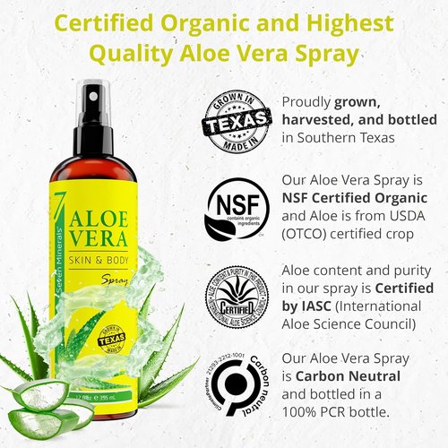 Seven Minerals Organic Aloe Vera Spray - Extra Strong, Rapid Absorption, No Sticky Residue | 12 fl oz