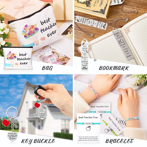 LEIFIDE 24 Pcs Teacher Appreciation Gifts Set, Thank You Birthday Gifts for Teachers 6 Teacher Cosmetic Bag 6 Teacher Blessing Card Bracelet 6 Bookmarks 6 Keychain for Women Teachers Day Graduation