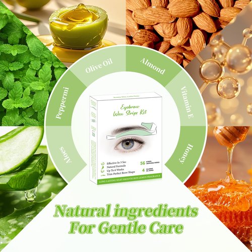 Eyebrow Wax Strips - 56 Strip Eyebrow & Upper Lip Hair Remover with 4 Soothing Wipes | Natural Beeswax Formula | Painless at Home Hair Removal for Women & Sensitive Skin | Lasts 6 Weeks