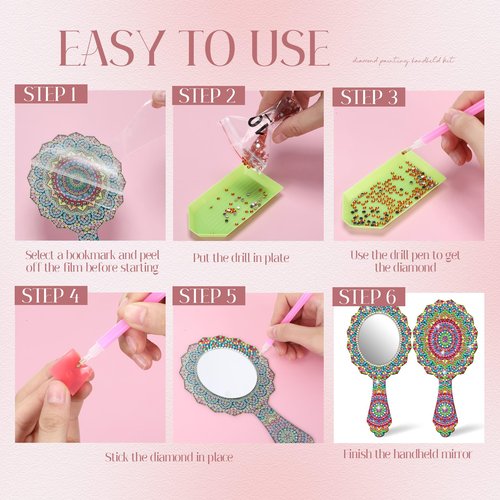 Threehoney 4 Pcs Diamond Painting Mirror Handheld Kits Valentine Christmas Art Gifts Compact Decorate Your Own Mirror for Hand DIY Crafts