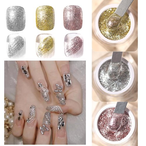 Gorvalin 3 Boxes Metal Glitter Gel Nail Polish, 3D Gold Silver Rose Gold Nail Art Painted Liner Nail Gel Polish Holographic Chrome Sparkle Glitter Nail Polish for Salon Home Nail Art DIY
