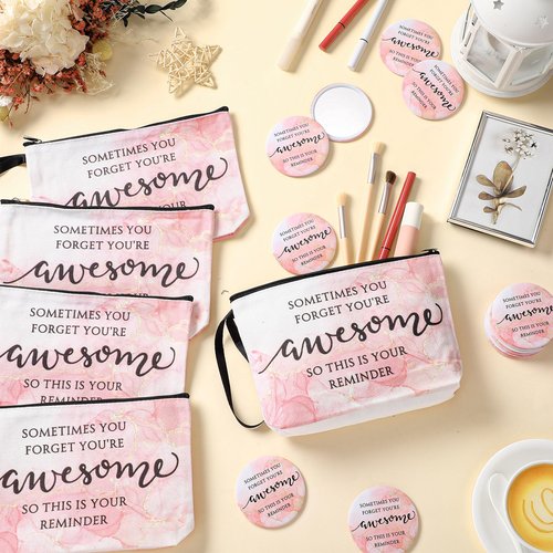 Beeveer 15 Sets Pink Thank You Gifts for Women, Inspirational Gifts Bulk for Female Client Teacher Employee Coworker, Sometimes You Forget You're Awesome Makeup Bags and Compact Mirrors for Party
