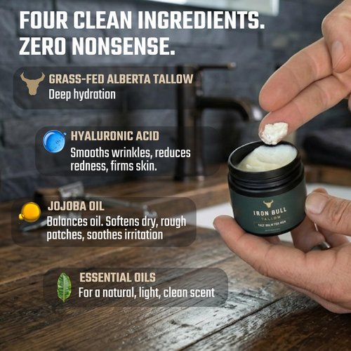 Iron Bull Handmade Beef Tallow for Face. Wrinkle Defense Tallow Face Moisturizer for Men. Treats Dry Skin, Wrinkles & Signs of Aging. Mens Facial Moisturizer All Skin Types. Natural Clean Scent 2 oz