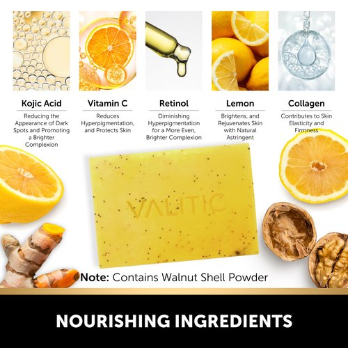 VALITIC Lemon Turmeric Soap for Dark Spots - Kojic Acid Soap for Face and Body - Exfoliating Bar for Brightening, Skin Tone Corrector with Retinol, Vitamin C, Collagen and Hyaluronic Acid - 3 Pack
