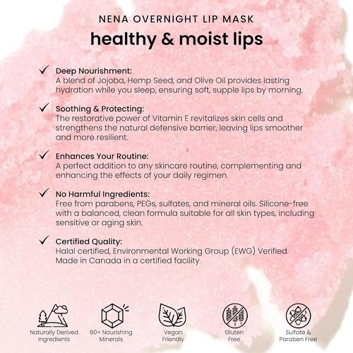 NENA Skincare Overnight Lip Mask - Deeply Hydrating Formula with Natural Minerals & Nourishing Oils - 0.5 oz.