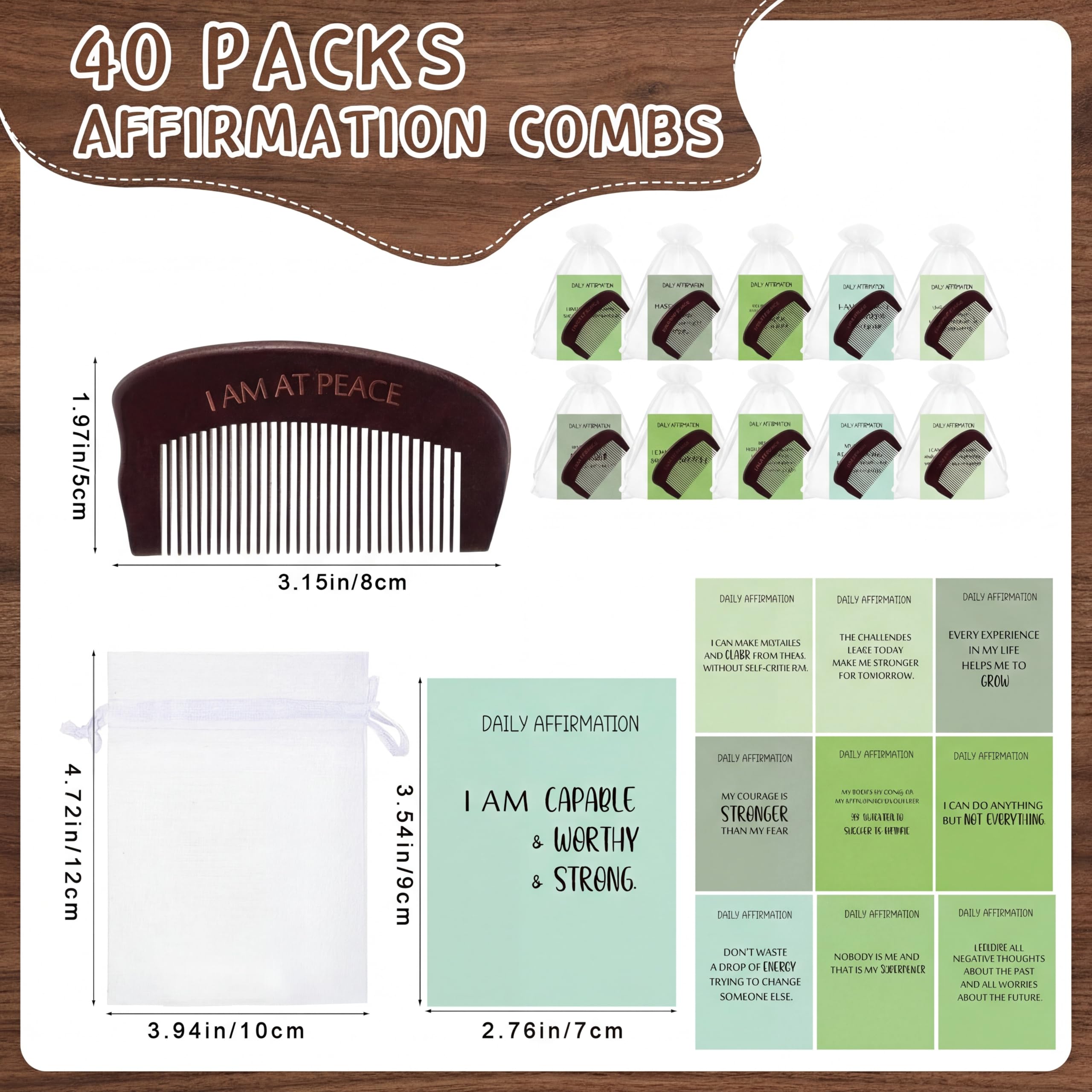 Yiyiring 40 Sets Birthing Comb for Labor Pain Labor Combs with Affirmation Card for Pregnant Women Wooden Engraved Stress Bitrh Relief Comb for Delivery Support Relief Self Care