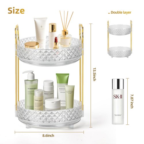 LAREKUN 360 Rotating Makeup Organizer for Vanity, 2Tier Adjustable Perfume Organizer for Dresser, Multi-Function Spinning Cosmetics Skincare Storage for Bedroom, Dresser, Countertop, Clear