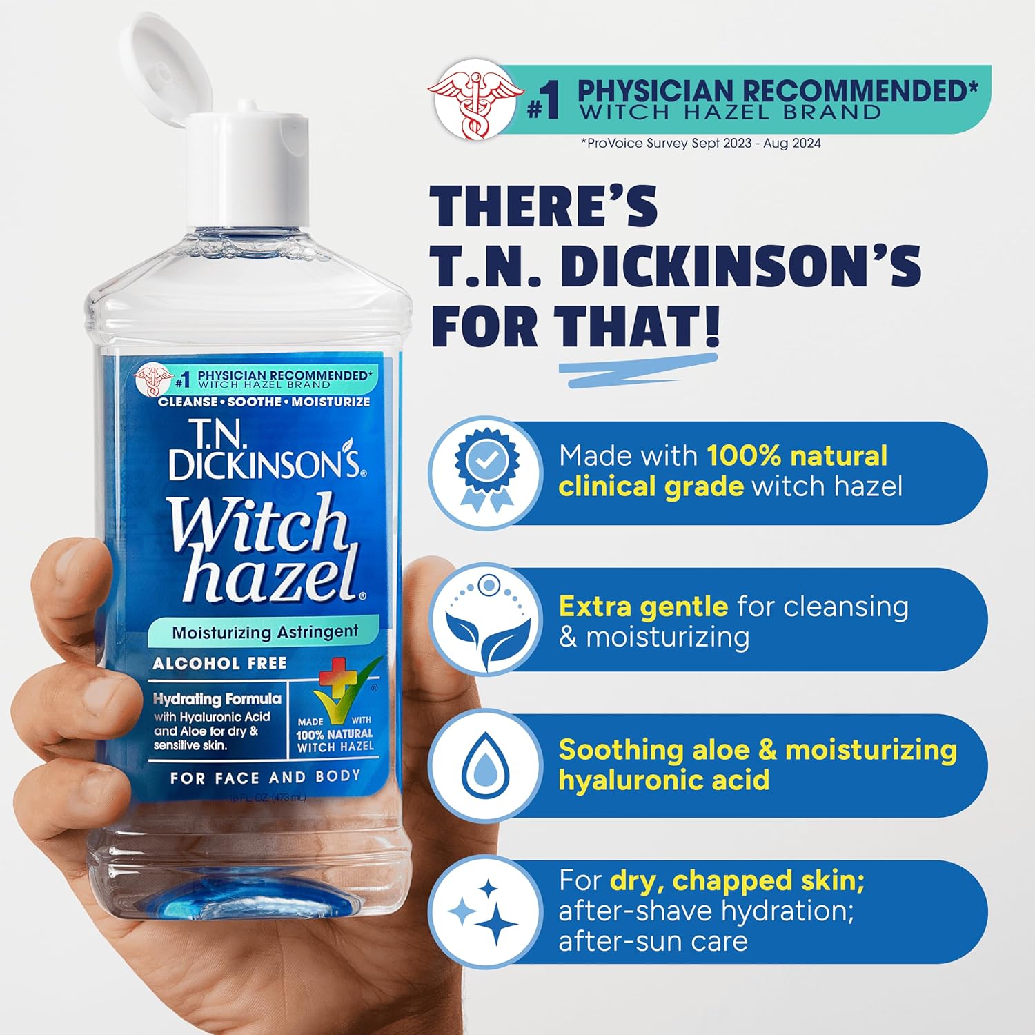 T.N. Dickinson's Witch Hazel Astringent - Alcohol-Free, 100% Natural Formula | Calms & Hydrates Skin | 16 Fl Oz