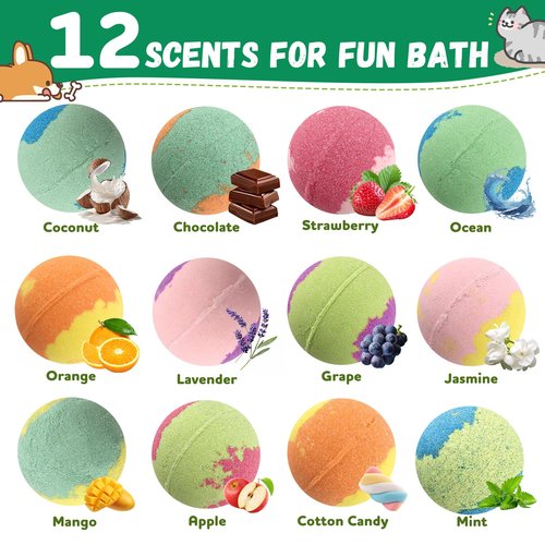 Bath Bombs for Kids with Surprise Toys Inside, 12 Pcs Kids Bath Bombs with Cat Dog Toys, Natural Safe Bathbombs for Moisturizing Sensitive Skin, Fun Bubble Bath Fizzies Gift for Boys Girls Toddlers