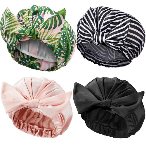 Floraltop 4 Pcs Shower Caps for Women, Waterproof Reusable Shower Hair Caps Bowknot Satin Bath Hair Caps Elastic Hem Turban Bath Caps for Long Short Curly Hair Women Girls (Stripe)