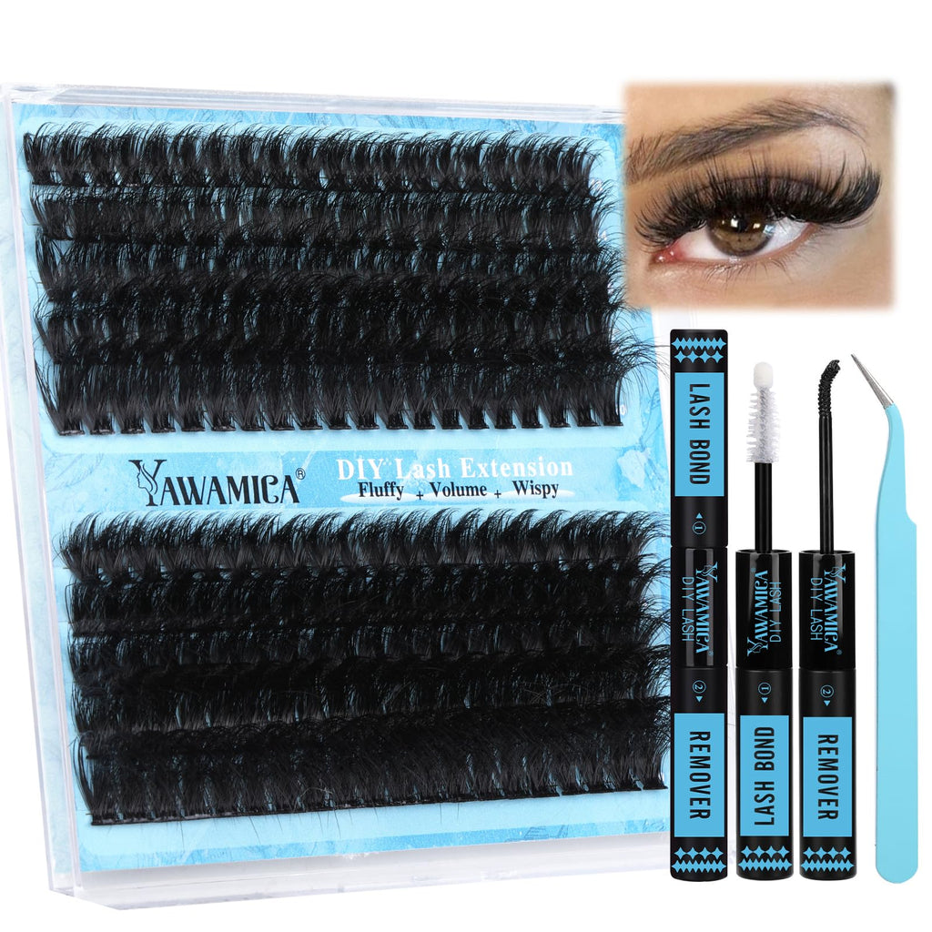 Yawamica Lash Extension Kit Fluffier 150D+200D Lash Clusters Eyelash Extension Kit 12-20mm Individual Lashes with Lash Bond, Lash Remover, Lash Tweezers for DIY Lashes Extension(150D+200D-12-20MM Kit)