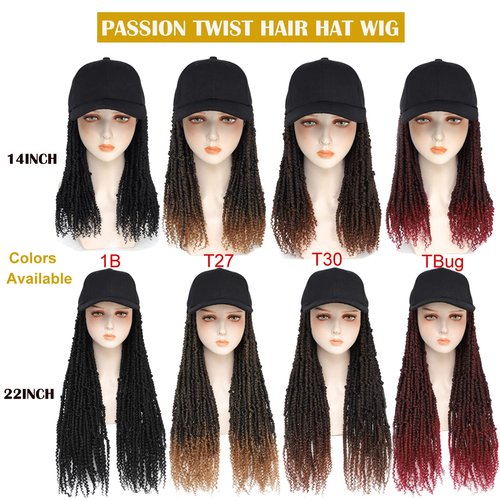 AliRobam Hat Wig Baseball Cap with Short Pre-Twisted Passion Twist Hair Extensions Ombre Brown Synthetic Curly Ends Braids Sewed in Adjustable Black Baseball Hat Wig for Black Women(12inch, T27)