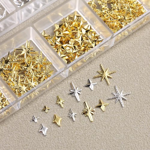 3D Star Nail Charms, Gold & Silver Mixed Styles Metallic Studs Rhinestones Stars and Mixed Sizes Mini Metal Caviar Beads, Nail Jewelry Decorations Manicure Supplies with Tweezers and Pick-up Pencil
