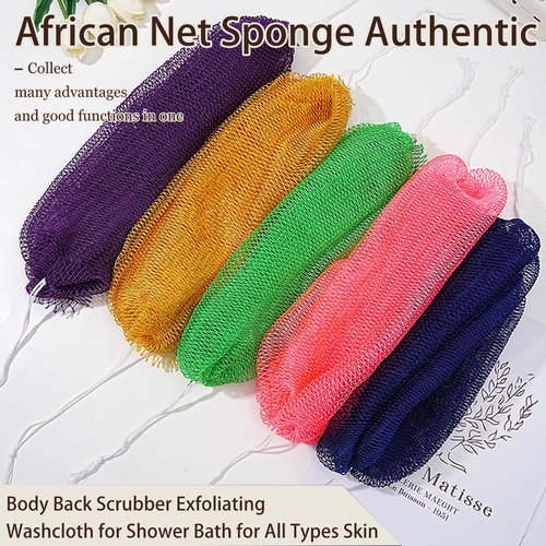 African Net Sponge Authentic, 3 Pieces African Exfoliating Net Sponge Body Back Scrubber Exfoliating Washcloth for Shower Bath for All Types Skin (Purple+Pink+Olive Green, 3 Pcs)