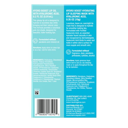 Neutrogena Hydro Boost Lip Hydration Kit with Light Pink Tinted Lip Oil and Clear Overnight Lip Sleeping Mask, Both with Hyaluronic Acid Designed to Nourish & Hydrate Day & Night, 2 items