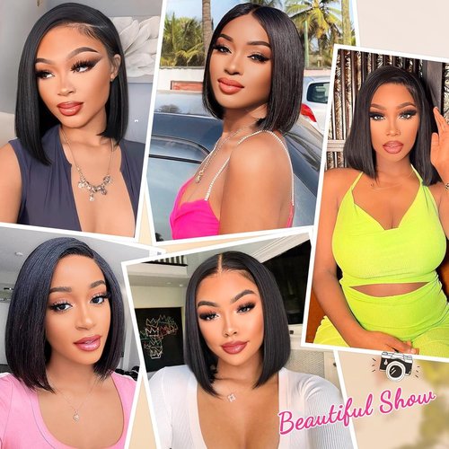 MUXFILLA 10 Inch Bob Wig Human Hair 13x4 HD Lace Front Wigs Pre Plucked Short Straight Lace Frontal for Black Women 180% Density Glueless, Nature Black