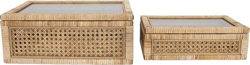 Creative Co-Op Woven Rattan and Wood Display Boxes - Modern Decorative Set of 2 with Glass Top, Natural Finish