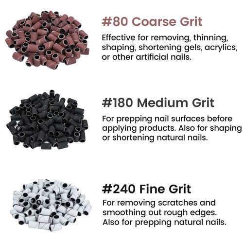 Delanie 300 Pcs #80#180#240 Sanding Bands for Electric Nail Drill Machines with Mandrel Bit, Professional Manicure Nail Salon Supplies, Fine Medium Coarse Grit