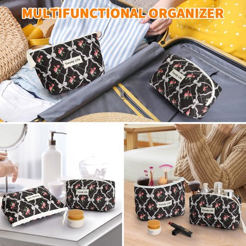 HAOGUAGUA 2 Pieces Makeup Bag, Small Large Quilted Cosmetic Bag, Travel Floral Make Up Toiletry Organizer Bag for Women Girls (2PCS STYLE A-5)