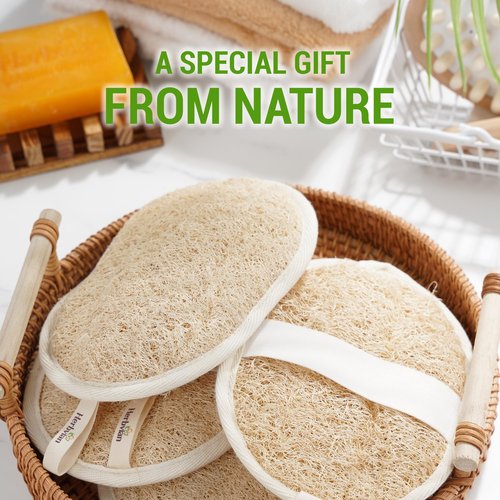 Herbvian Vietnamese Natural Loofah Exfoliating Body Scrubber Pads, 100% Plant-Based Shower Luffa Sponge, Bath Loofah for Women Men (Pack of 3)