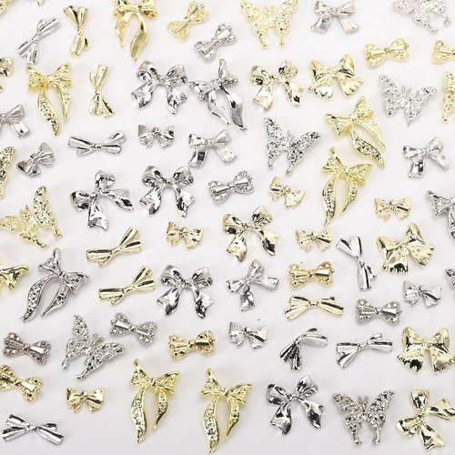 70Pcs Bow Nail Charms,Silver Gold Nail Art Charms Bows Nail Gem Stones,3D Metal Alloy Bowknots Butterfly Charms for Nails, Small Nail Jewels Jewelry Decoration Stuff Supplies for Craft DIY