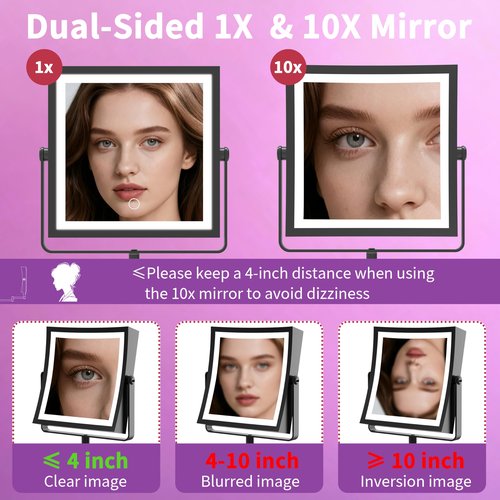 MIROAMZ Wall Mounted Lighted Makeup Mirror, Rechargeable Double-Sided 1X/10X Magnifying Mirror with Light, Touch Dimmable 3 Color Lights, 360° Rotation Extendable Arm (Matte Black)