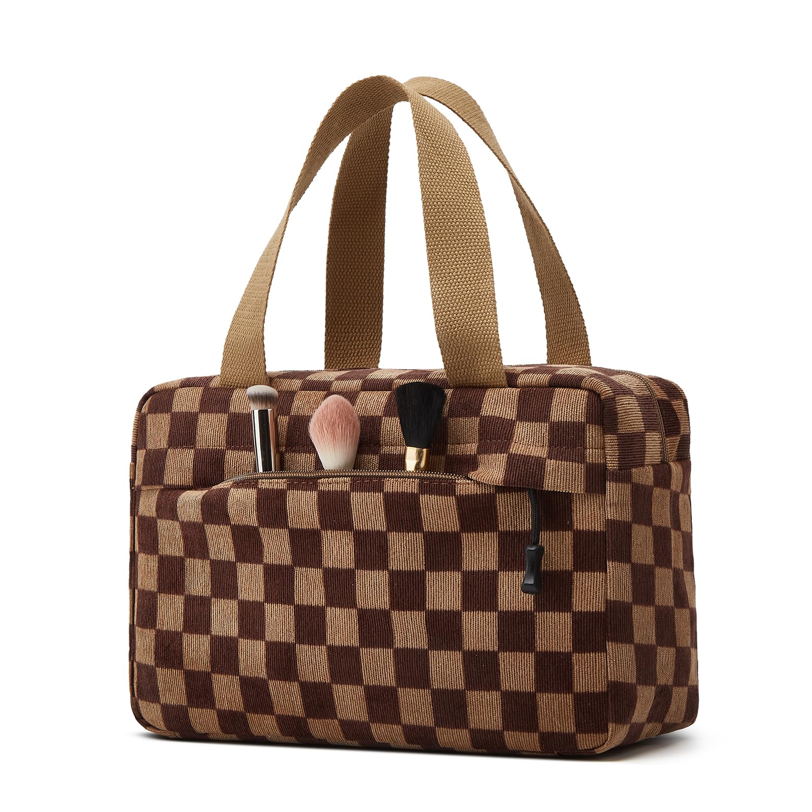 ZOEMTIU Large Makeup Bag for Women Corduroy Cosmetic bag Make up Bags Zipper Pouch with handle Cosmetic Organizer Toiletry Bag for Travel Storage (Checkered Darkbrown)