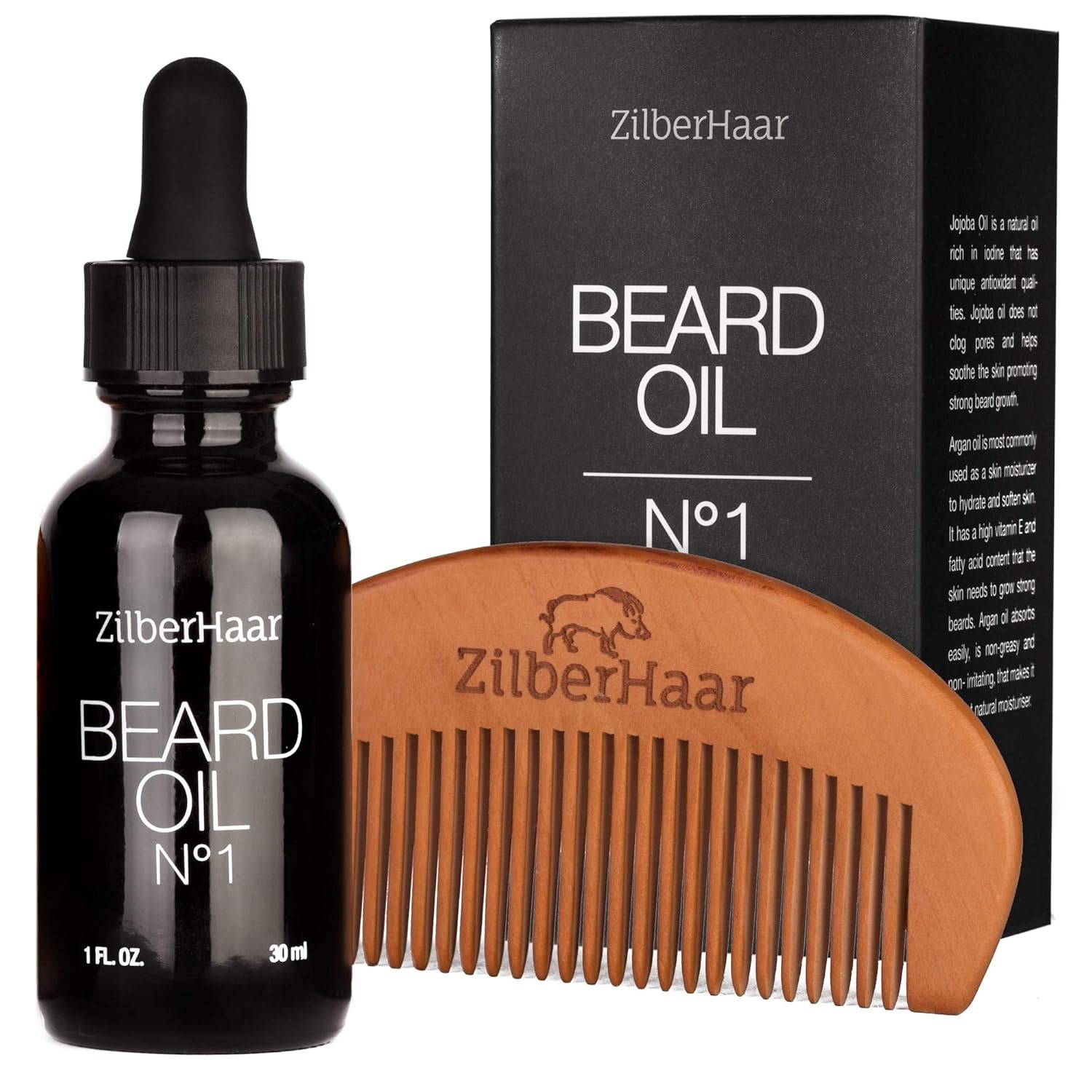 ZilberHaar Beard Oil №1 - Organic Moroccan Argan & Jojoba Oil for Hydrated Beard Growth - 1 oz | Free Comb Included