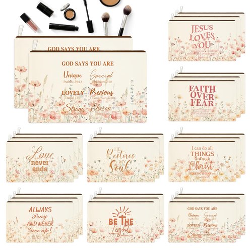 24 Pcs Christian Floral Makeup Bags Bulk for Women Bible Verse Cosmetic Bags with Zipper Inspirational Wildflower Canvas Travel Pouch Christian Gifts for Motivational Cosmetics Organizer Supplies