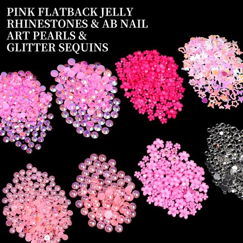FAMDAMEI 24 Grid Flat Back Pearls and Rhinestones for Dazzling Kit, Clear White Pink Pearls Flatback Resin Jelly Rhinestones,Flower 3D Nail Charms and Gems for Crafting Rhinestone for Crafts