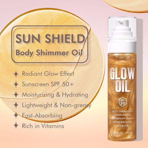 Sunscreen Body Glow Oil【SPF 50】【Lightweight】【Natural Ingredient】Shimmer Broad Spectrum Shimmer Sunscreen For Face and Body, AMBER
