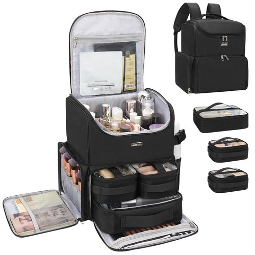 Relavel Makeup Backpack Large Makeup Bag with 3 Clear Set Bags, Dual Layer Professional Cosmetic Organizer Travel Train Case Makeup Artist Kit with Adjustable Dividers & Easy to Clean Lining, Black