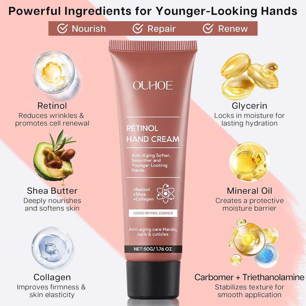 VRAIKO OUHOE Retinol Hand Cream - Anti-Aging Moisturizer with Shea Butter & Collagen for Soft, Youthful Hands (1pc)