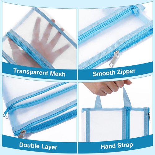 Fassave 6 Pack Mesh Zipper Pouch Bags, Double Layer Nylon Pouch with Handle for Office Travel Organization (Orange, A5)