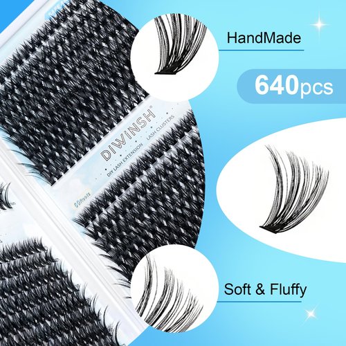 DIWINSH 640PCS Eyelash Clusters 30D+40D+50+60D Volume Lash Clusters Wispy Individual Lashes D Curl Fluffy Lash Extension 9-16mm DIY Natural Cluster Eyelash Extensions for Beginners