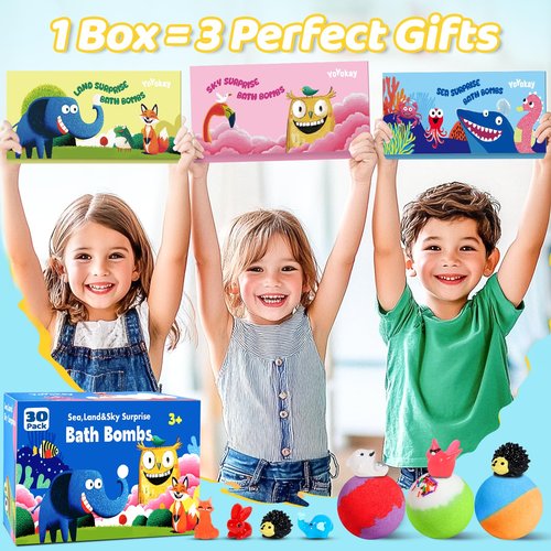 30 Pack Bath Bombs for Kids with Toys Inside, Kids Bath Bombs Gift Set with 30 Sea & Land & Sky Animal Surprise Toy, Bubble Bath Toys, Valentine Gifts for Girls Boys, Birthday Gifts
