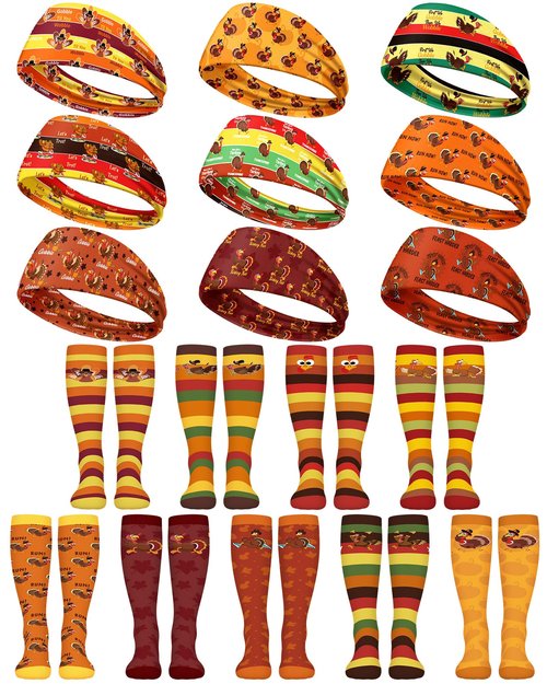 ShinyMatch 18 Pcs Turkey Trot Costume Set Thanksgiving Sports Headbands Fall Turkey Running Socks Holiday Running Breathable Socks Non Slip Headbands for Men Women Fitness Cycling