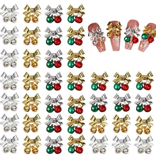 40Pcs Christmas Bell Nail Charms Gold Silver Bell Xmas Nail Charms for Acrylic Nails Red Green Alloy Bell Nail Gems and Charms Nail Jewelry for Women DIY Manicure Accessories